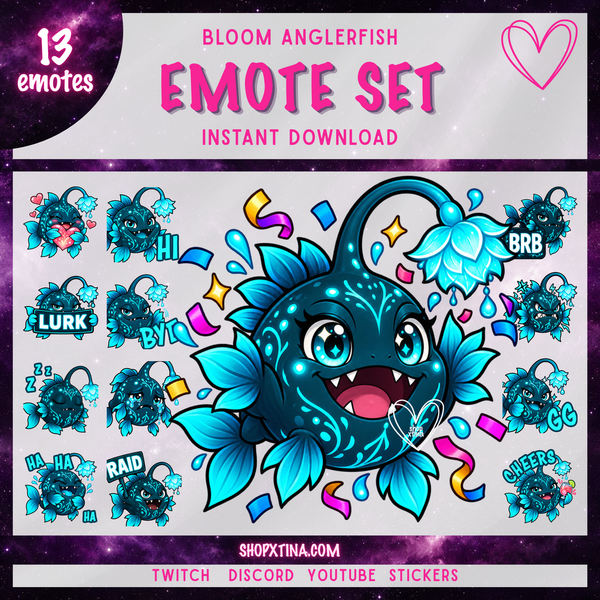 Abyssal Bloom Anglerfish Emotes  | Discord, Twitch, Youtube, OBS, Streamlabs | Hype, Love, Lurk, Raid, Cheers & More | Great For Streamers