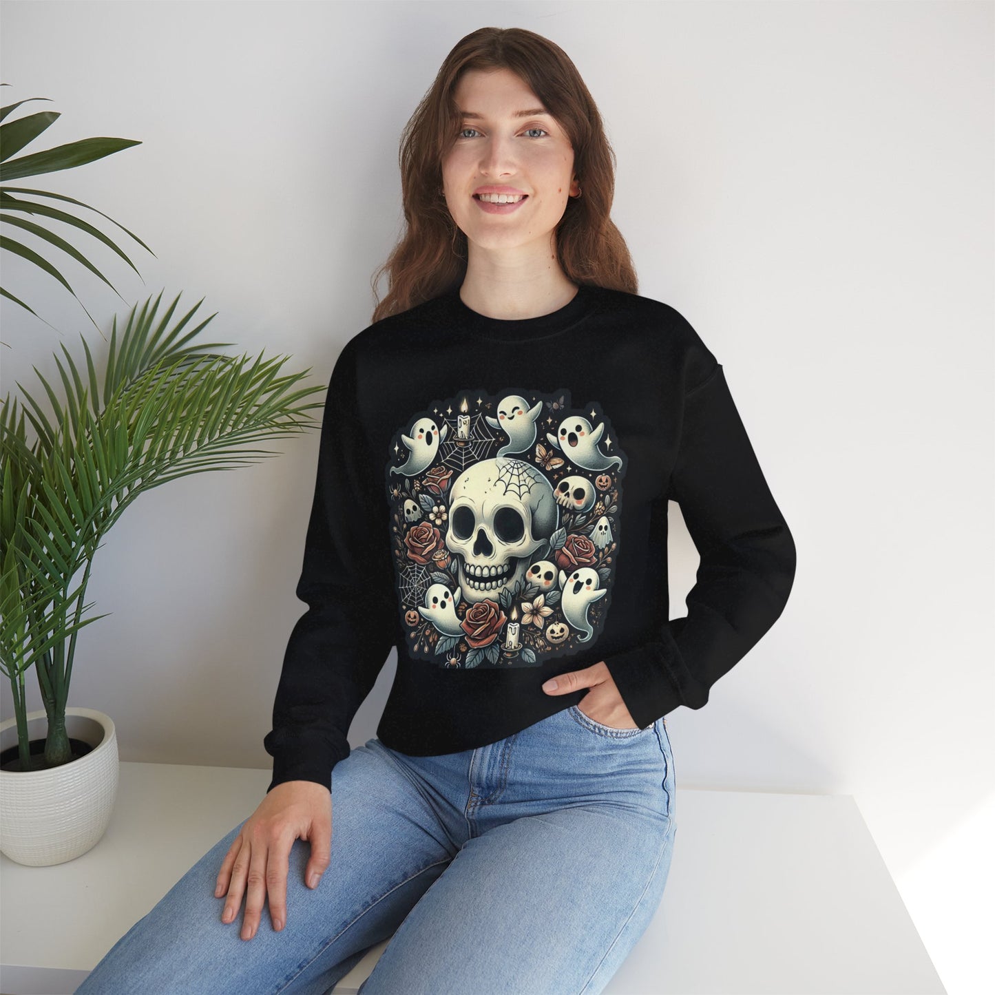 Spooky Skull Crewneck Sweatshirt, Halloween Sweatshirt, Ghost Print Sweater, Unisex Casual Wear, Gift for Halloween Lovers