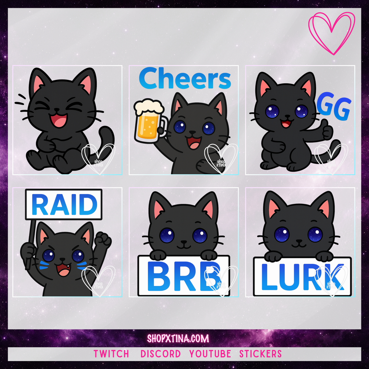 13 Black Cat (Galaxy Eyes) Emotes | Discord, Twitch, Youtube, OBS, Streamlabs | Hype, Love, Lurk, Raid, Cheers & More | Great For Streamers