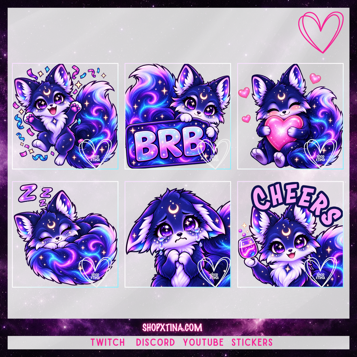 Cosmic Fox Emote Pack  | Discord, Twitch, Youtube, OBS, Streamlabs | Hype, Love, Lurk, Raid, Cheers & More | Great For Streamers
