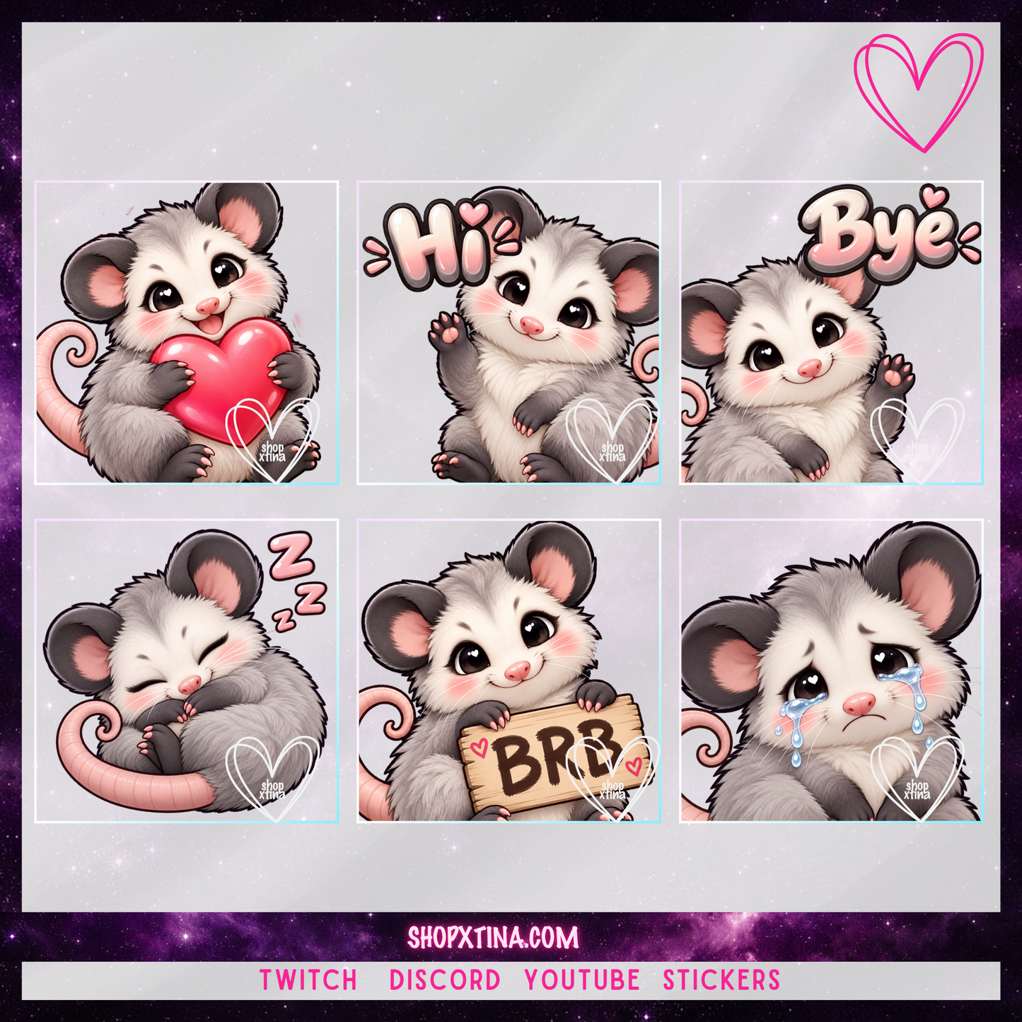 Cute Opossum Emotes | Discord, Twitch, Youtube, OBS, Streamlabs | Hype, Love, Lurk, Raid, Cheers & More | Great For Streamers