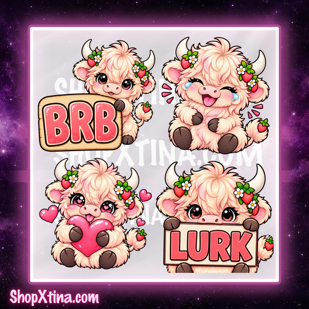 Strawberry Highland Cow Emotes | Discord, Twitch, Youtube, OBS, Streamlabs | Hype, Love, Lurk, Raid, Cheers & More | Great For Streamers