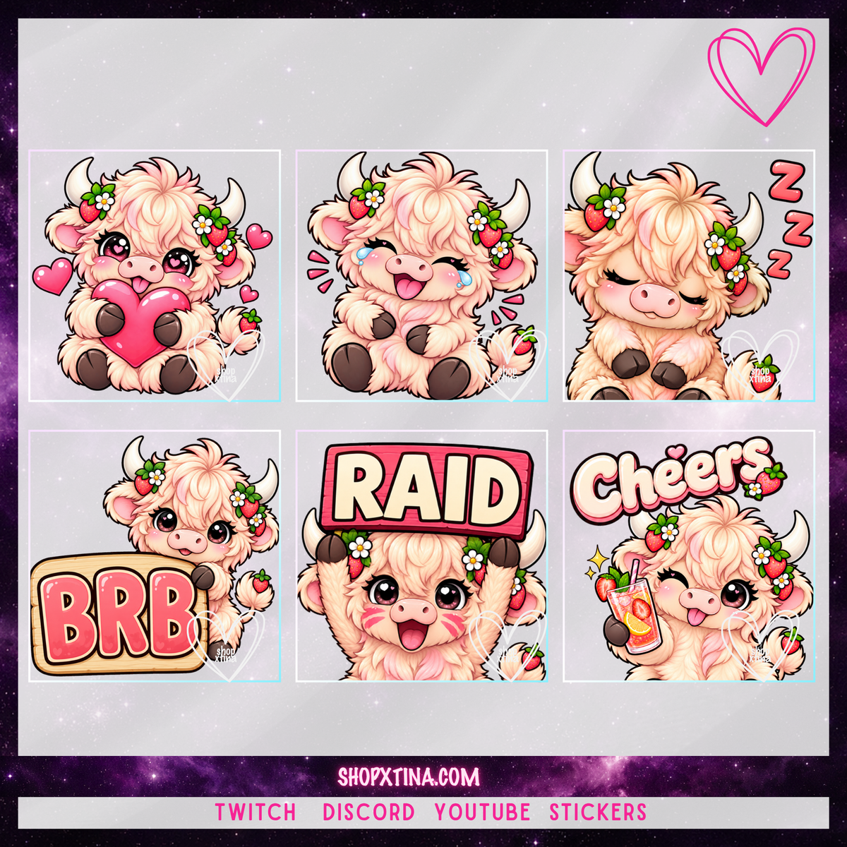 Strawberry Highland Cow Emotes | Discord, Twitch, Youtube, OBS, Streamlabs | Hype, Love, Lurk, Raid, Cheers & More | Great For Streamers
