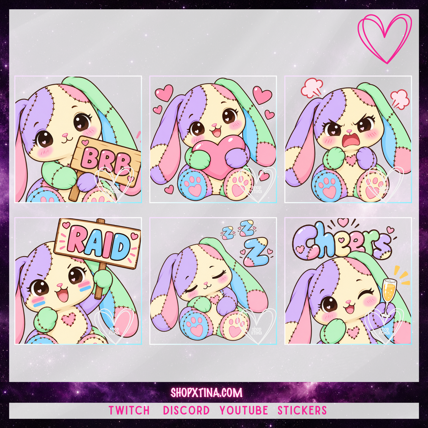 Patchwork Bunny Emotes | Discord, Twitch, Youtube, OBS, Streamlabs | Hype, Love, Lurk, Raid, Cheers & More | Great For Streamers