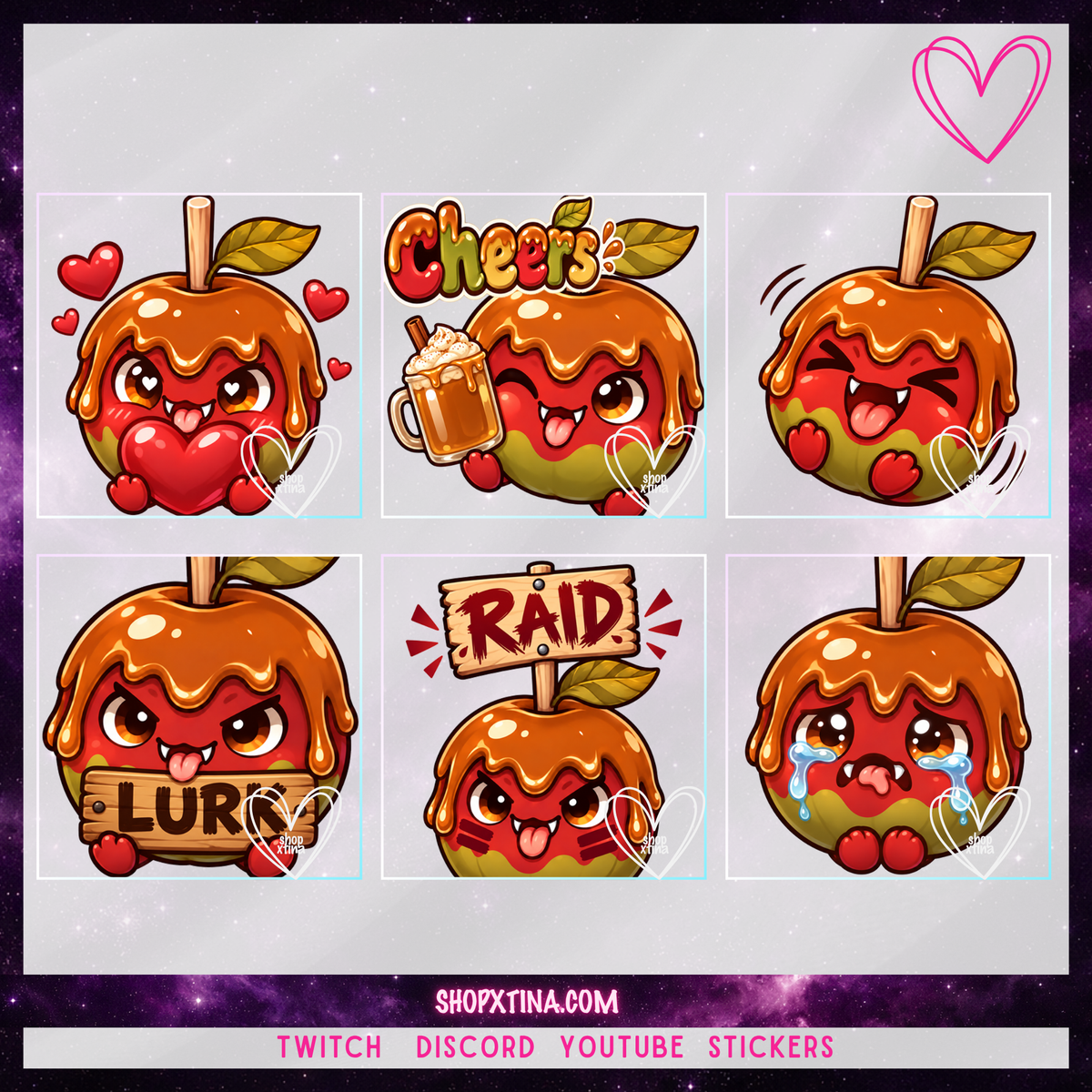 Cute Caramel Apple Monster Emotes | Discord, Twitch, Youtube, OBS, Streamlabs | Hype, Love, Lurk, Raid, Cheers & More | Great For Streamers