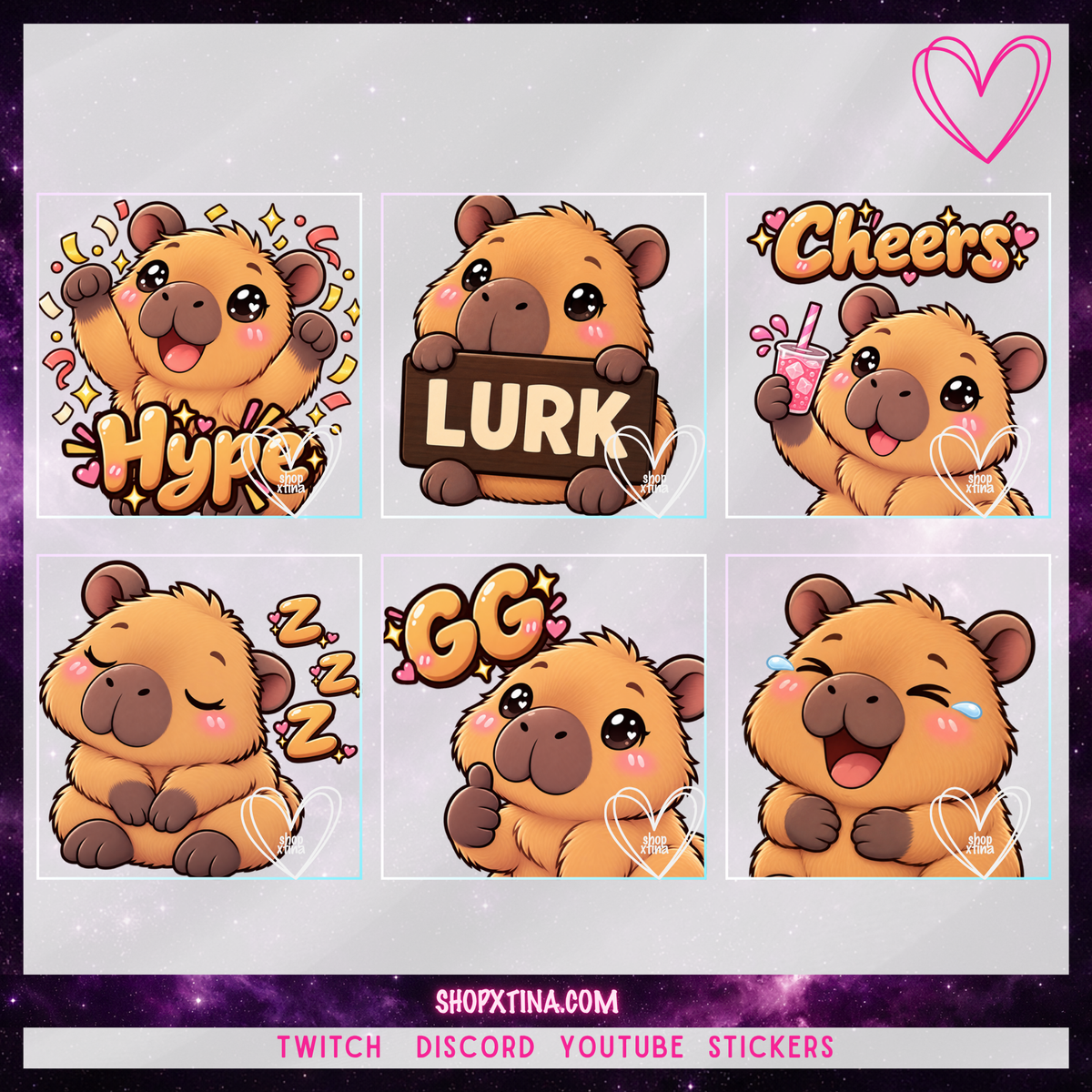 Cutie Capybara Emote Pack | Discord, Twitch, Youtube, OBS, Streamlabs | Hype, Love, Lurk, Raid, Cheers & More | Great For Streamers