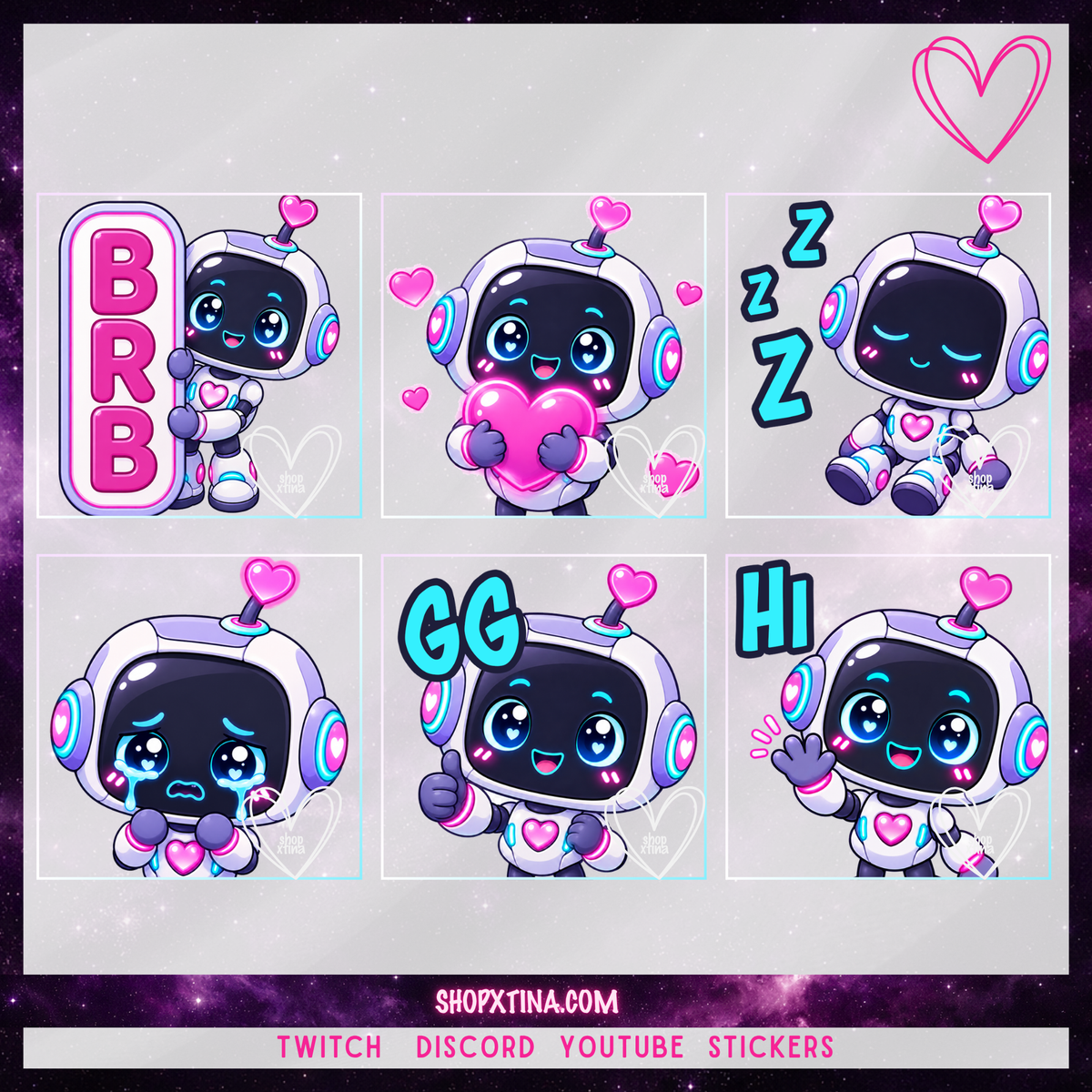 Robot Cutie Emote Pack  | Discord, Twitch, Youtube, OBS, Streamlabs | Hype, Love, Lurk, Raid, Cheers & More | Great For Streamers