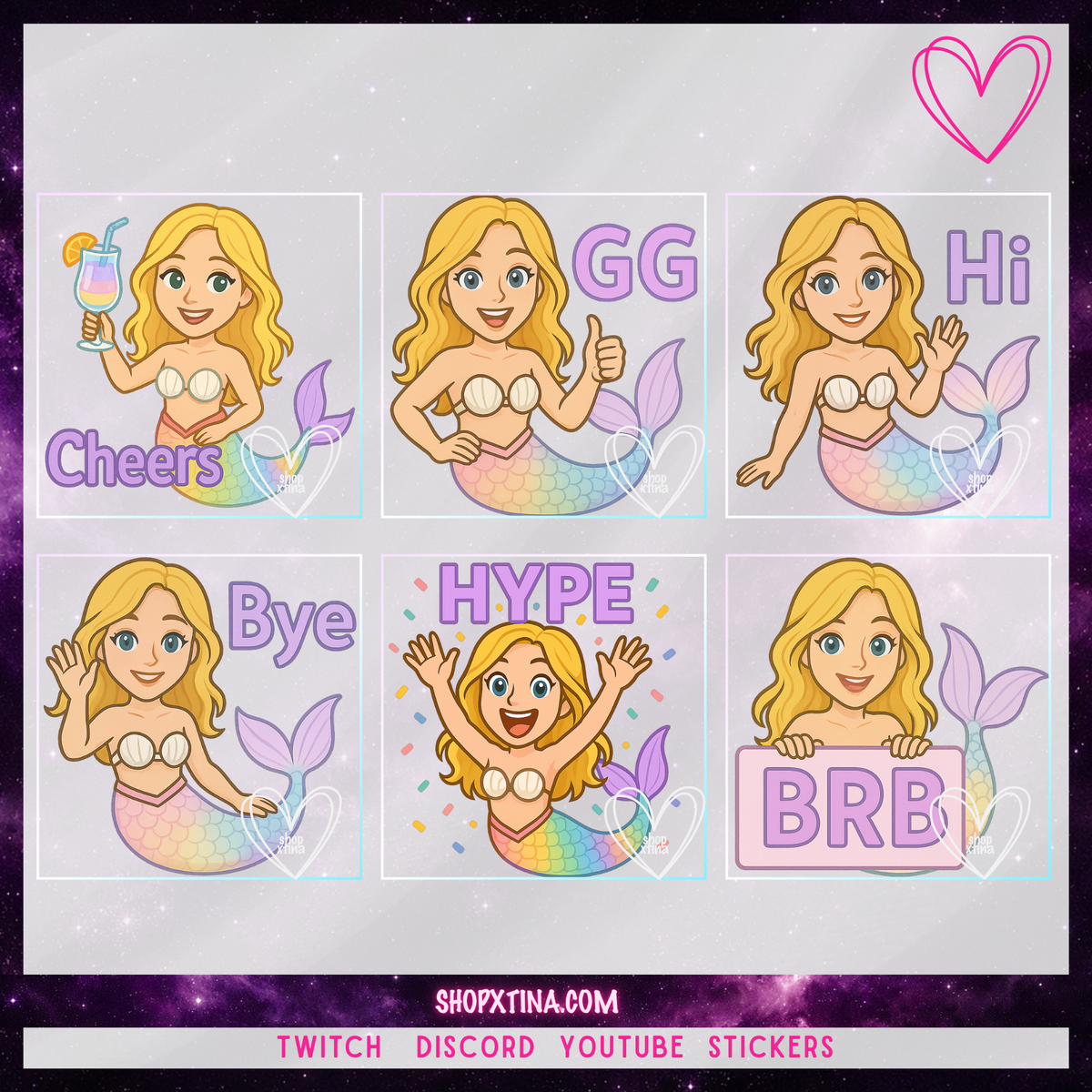 Pastel Mermaid Emote Set for Twitch & Discord | 13 + 1 Bonus Cute Streaming Emotes | Gamer Girl Vibes | PNG Transparent