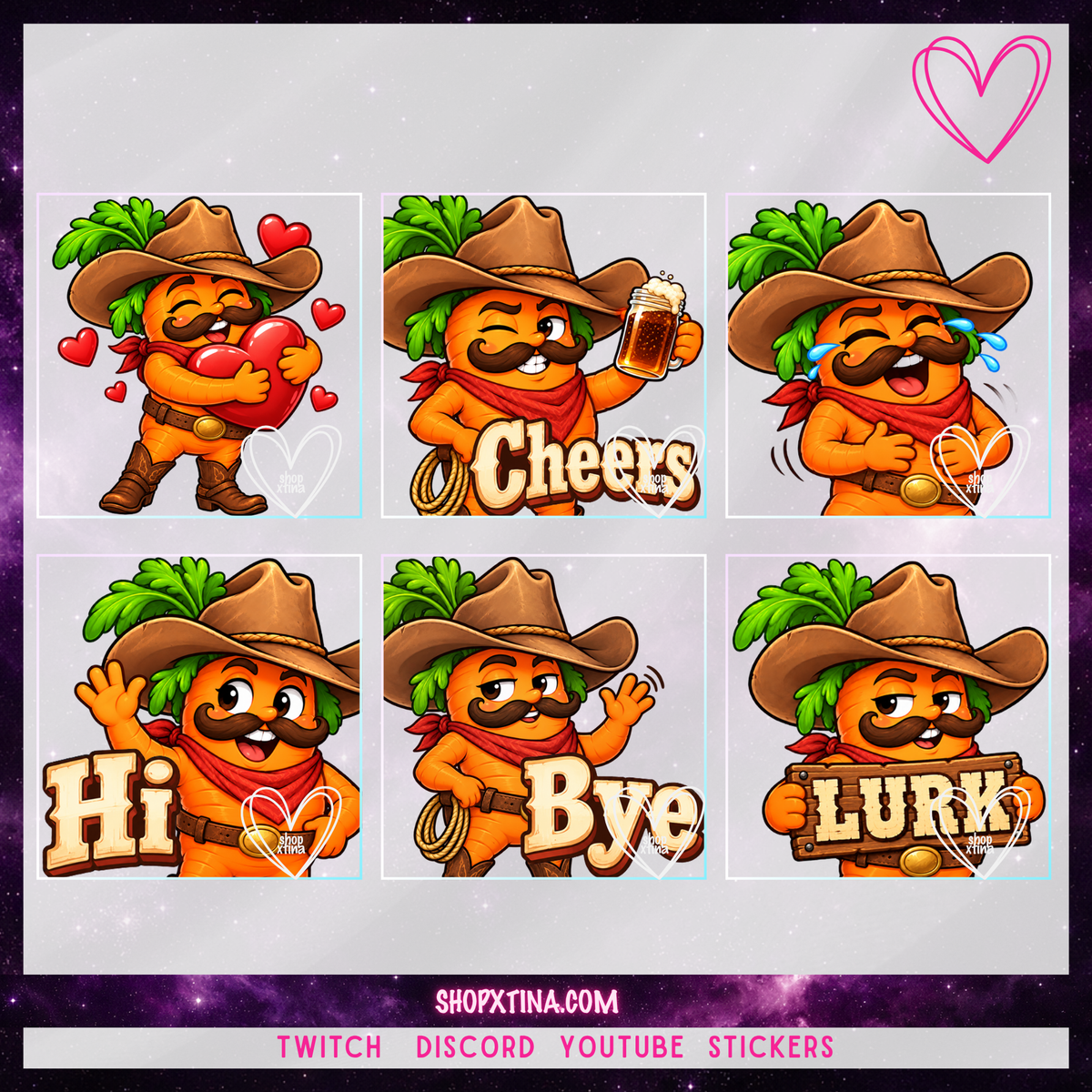 Rootin’ Tootin’ Cowboy Carrot Emotes | Discord, Twitch, Youtube, OBS, Streamlabs | Hype, Love, Lurk, Raid, Cheers & More | Great For Streamers