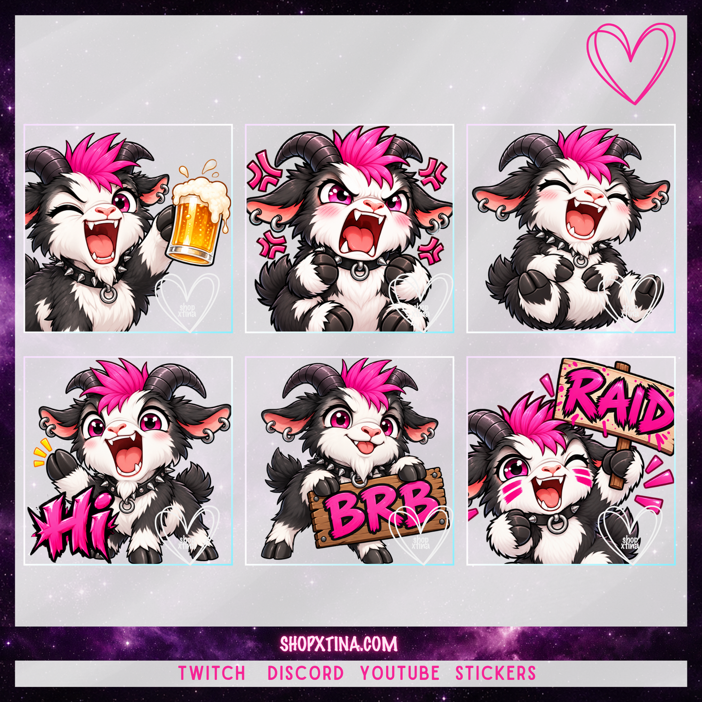 Punk Rock Screaming Goat Emotes | Discord, Twitch, Youtube, OBS, Streamlabs | Hype, Love, Lurk, Raid, Cheers & More | Great For Streamers