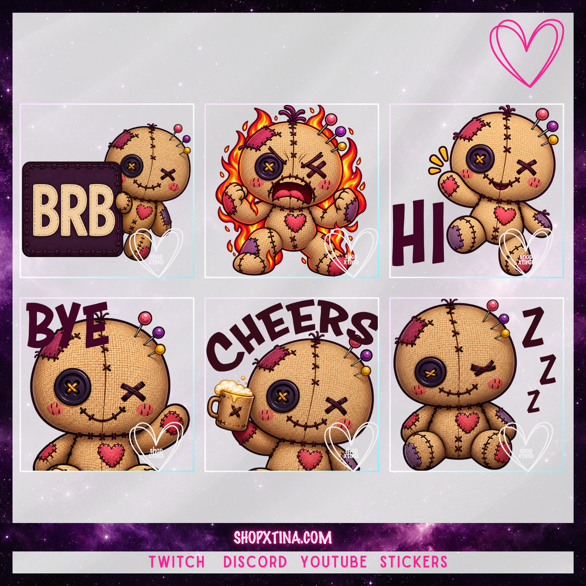 Sweet and Spooky Voodoo Doll Emote Pack  | Discord, Twitch, Youtube, OBS, Streamlabs | Hype, Love, Lurk, Raid, Cheers & More | Great For Streamers