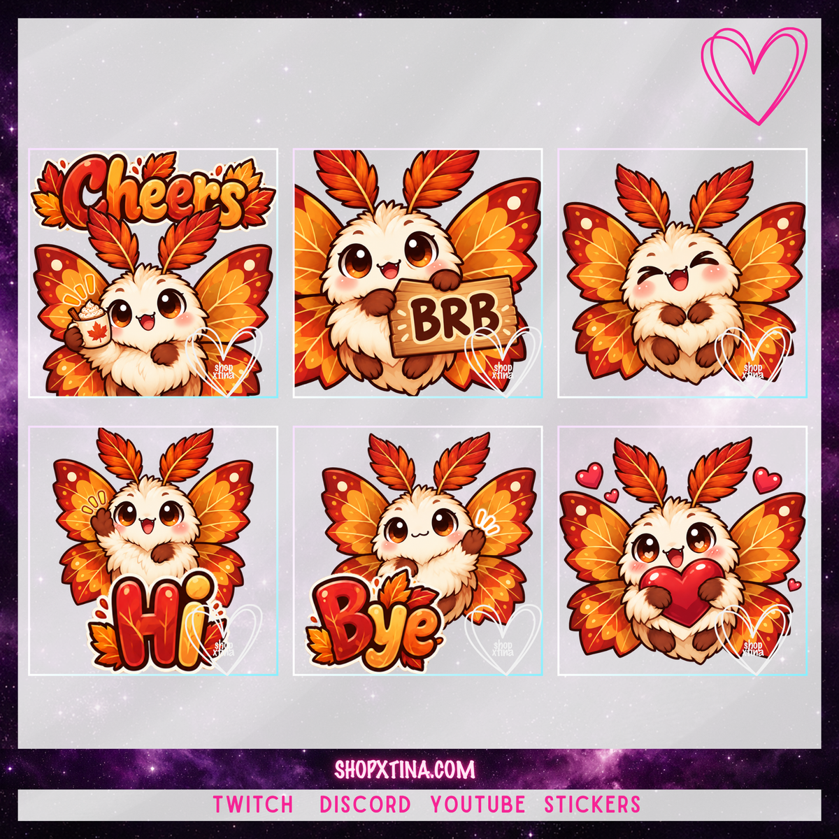Cute Fall Leafy Moth Emotes | Discord, Twitch, Youtube, OBS, Streamlabs | Hype, Love, Lurk, Raid, Cheers & More | Great For Streamers