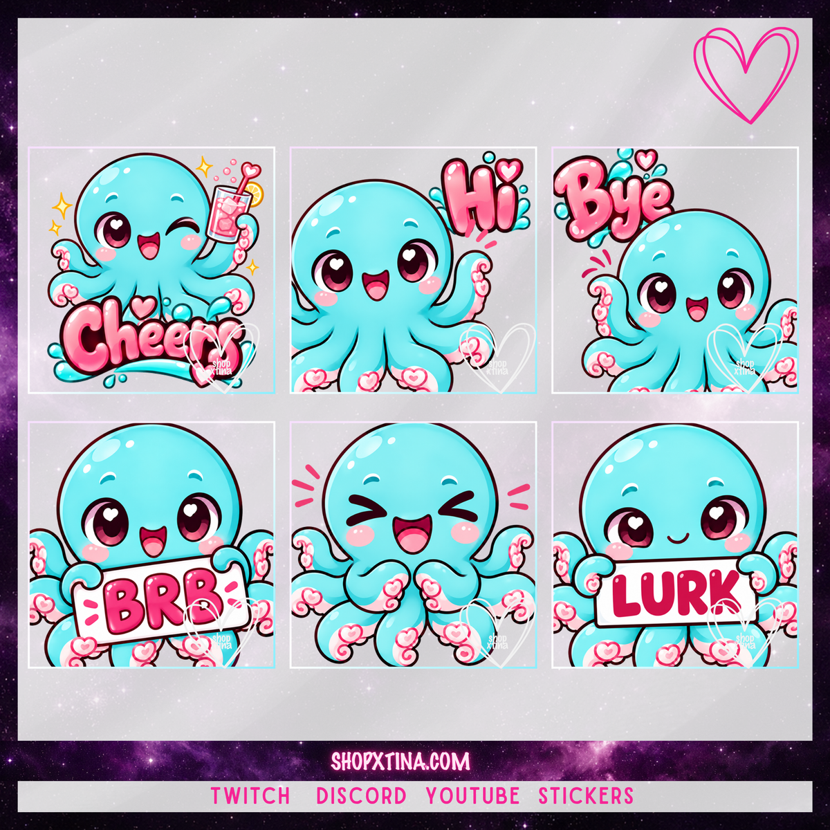 Seafoam Octopus Emotes | Discord, Twitch, Youtube, OBS, Streamlabs | Hype, Love, Lurk, Raid, Cheers & More | Great For Streamers