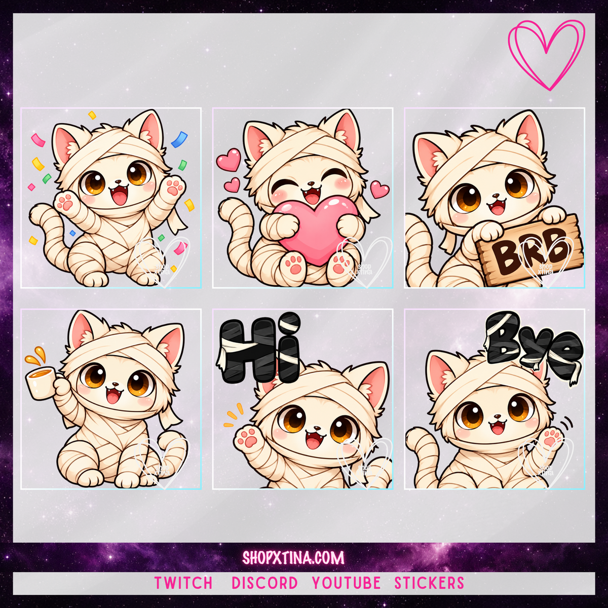 Mummy Kitty Emotes | Cute Halloween Cat | Discord, Twitch, Youtube, OBS, Streamlabs | Hype, Love, Lurk, Raid, Cheers & More | Great For Streamers