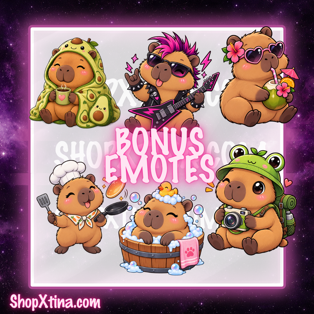 Cutie Capybara Emote Pack | Discord, Twitch, Youtube, OBS, Streamlabs | Hype, Love, Lurk, Raid, Cheers & More | Great For Streamers (Copy)