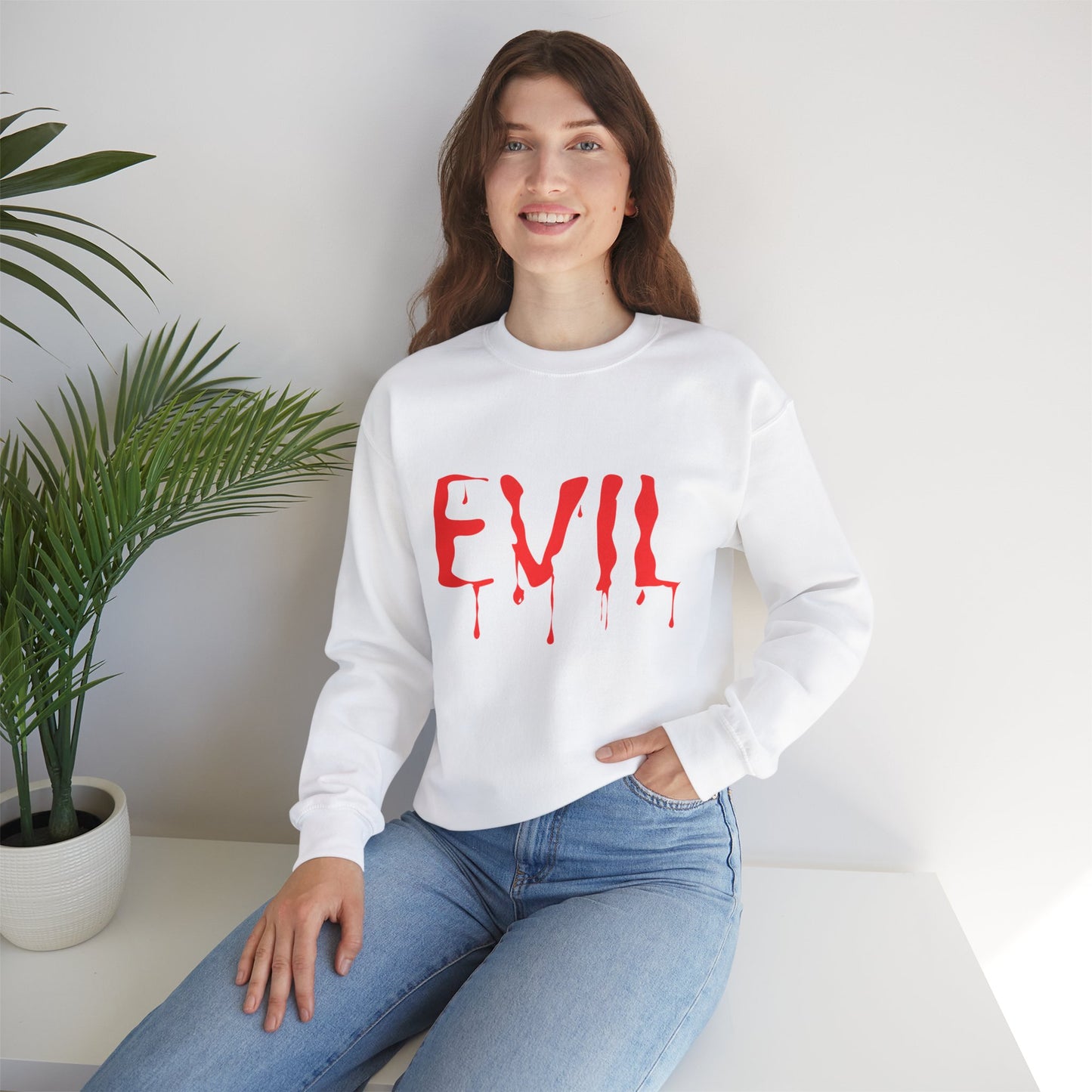 Evil Crewneck Sweatshirt Spooky Halloween Apparel for Edgy Fall Fashion