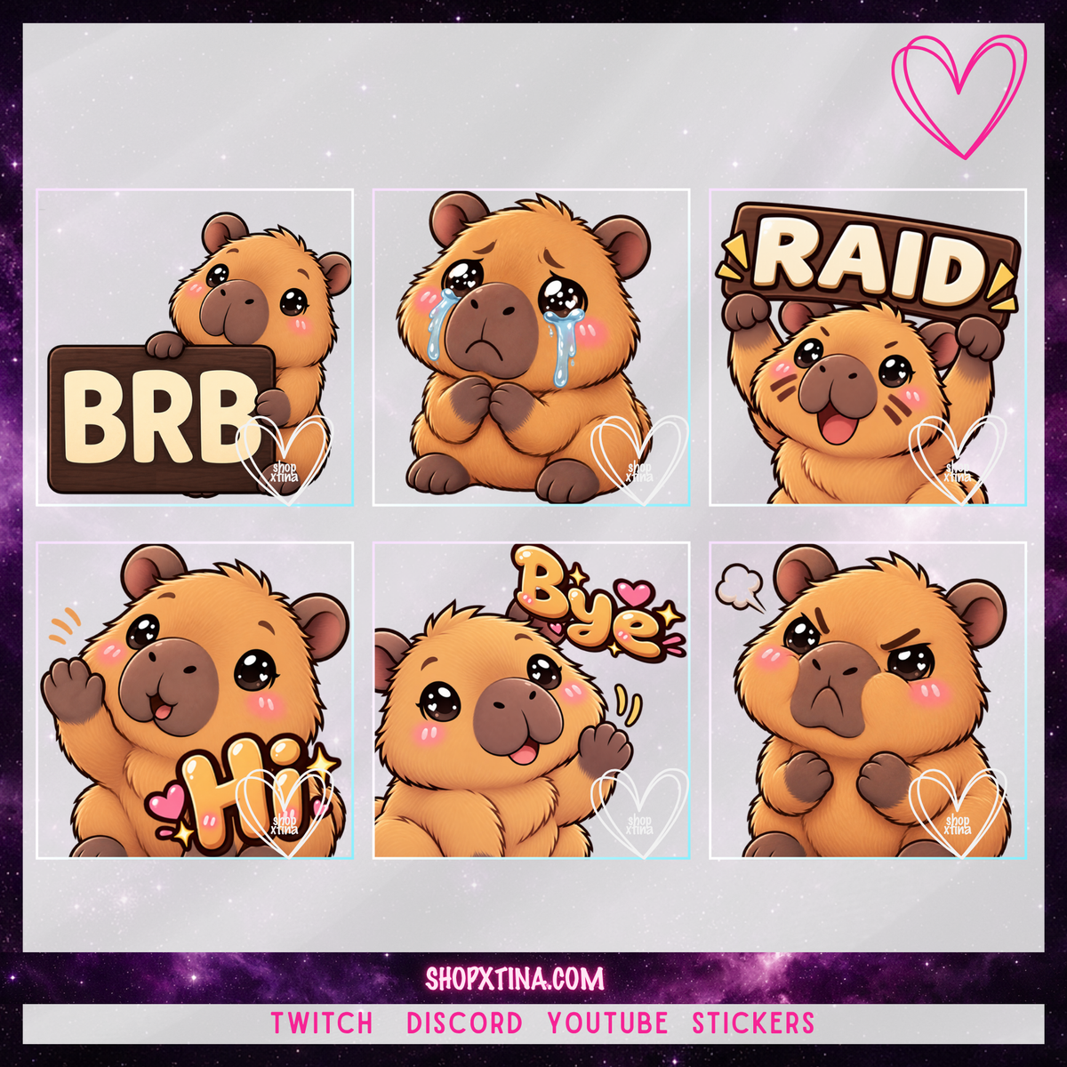 Cutie Capybara Emote Pack | Discord, Twitch, Youtube, OBS, Streamlabs | Hype, Love, Lurk, Raid, Cheers & More | Great For Streamers