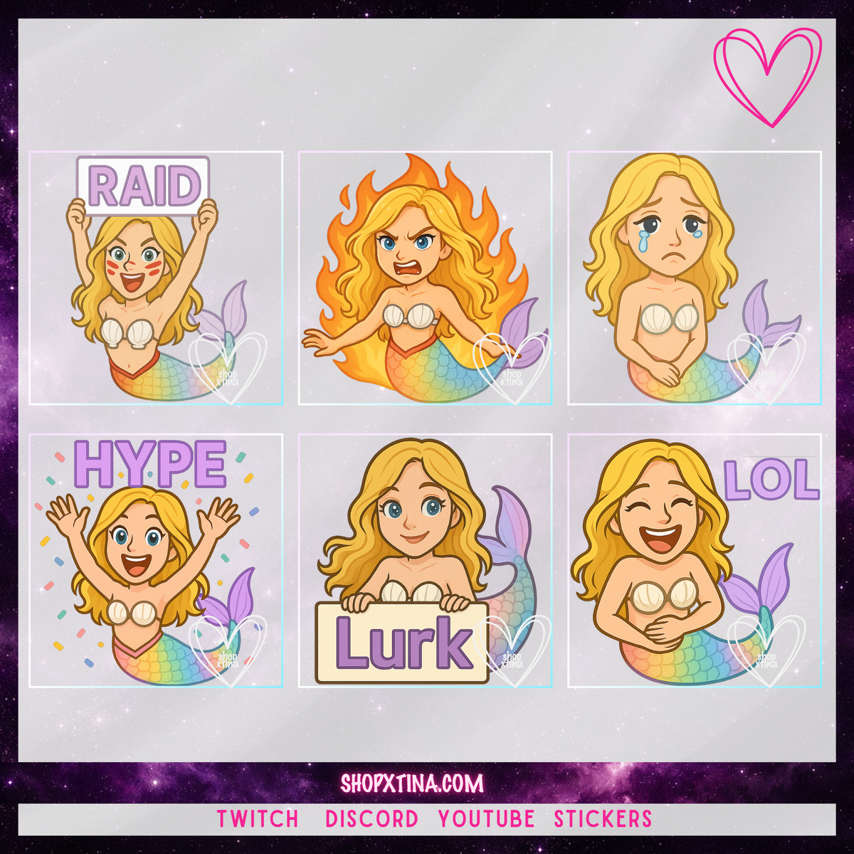 Pastel Mermaid Emote Set for Twitch & Discord | 13 + 1 Bonus Cute Streaming Emotes | Gamer Girl Vibes | PNG Transparent