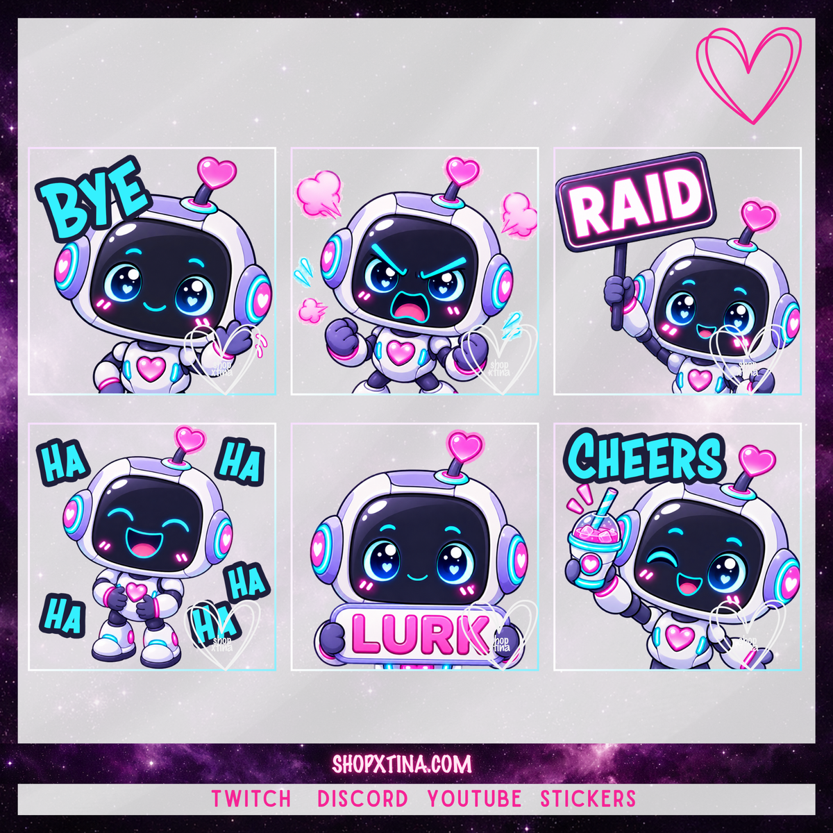 Robot Cutie Emote Pack  | Discord, Twitch, Youtube, OBS, Streamlabs | Hype, Love, Lurk, Raid, Cheers & More | Great For Streamers