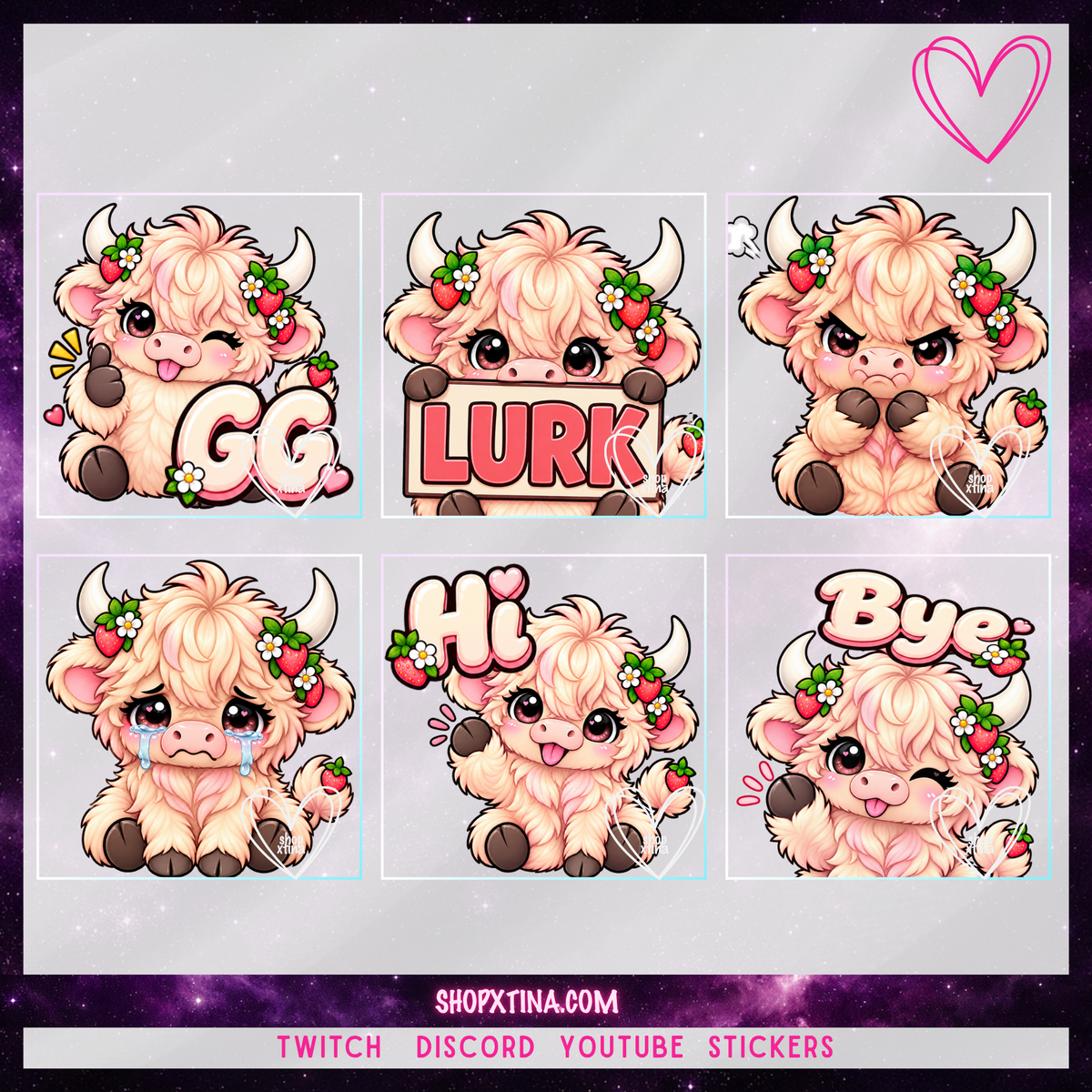 Strawberry Highland Cow Emotes | Discord, Twitch, Youtube, OBS, Streamlabs | Hype, Love, Lurk, Raid, Cheers & More | Great For Streamers