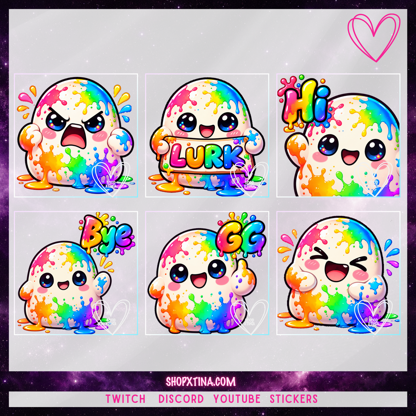 Rainbow Paint Splatter Blob Emotes | Discord, Twitch, Youtube, OBS, Streamlabs | Hype, Love, Lurk, Raid, Cheers & More | Great For Streamers