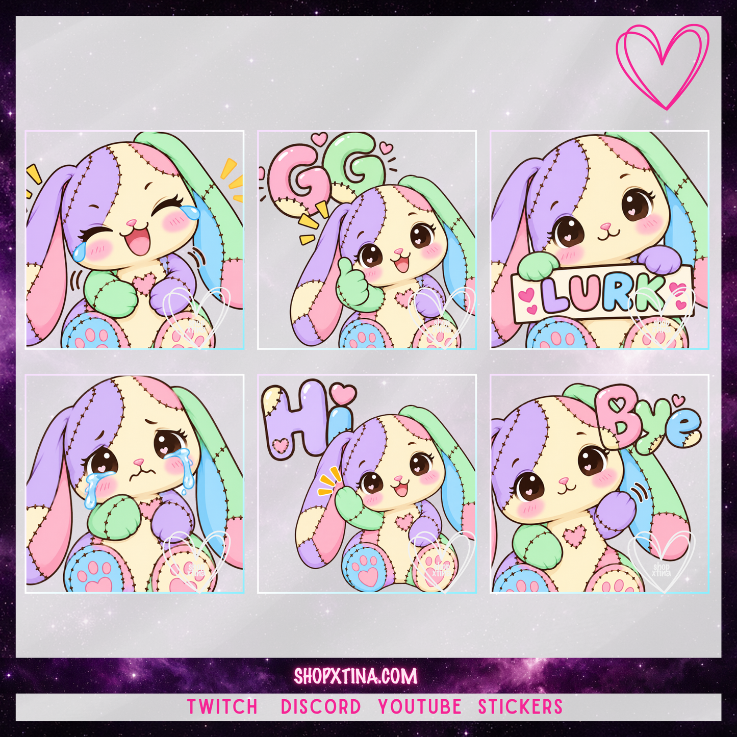 Patchwork Bunny Emotes | Discord, Twitch, Youtube, OBS, Streamlabs | Hype, Love, Lurk, Raid, Cheers & More | Great For Streamers