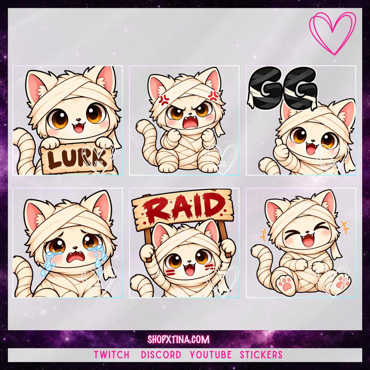 Mummy Kitty Emotes | Cute Halloween Cat | Discord, Twitch, Youtube, OBS, Streamlabs | Hype, Love, Lurk, Raid, Cheers & More | Great For Streamers
