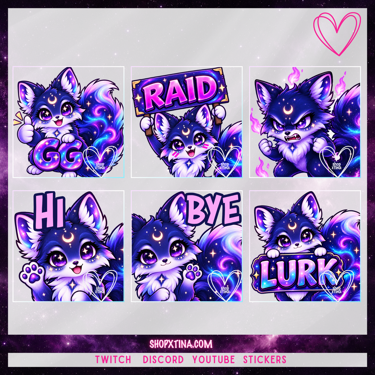 Cosmic Fox Emote Pack  | Discord, Twitch, Youtube, OBS, Streamlabs | Hype, Love, Lurk, Raid, Cheers & More | Great For Streamers