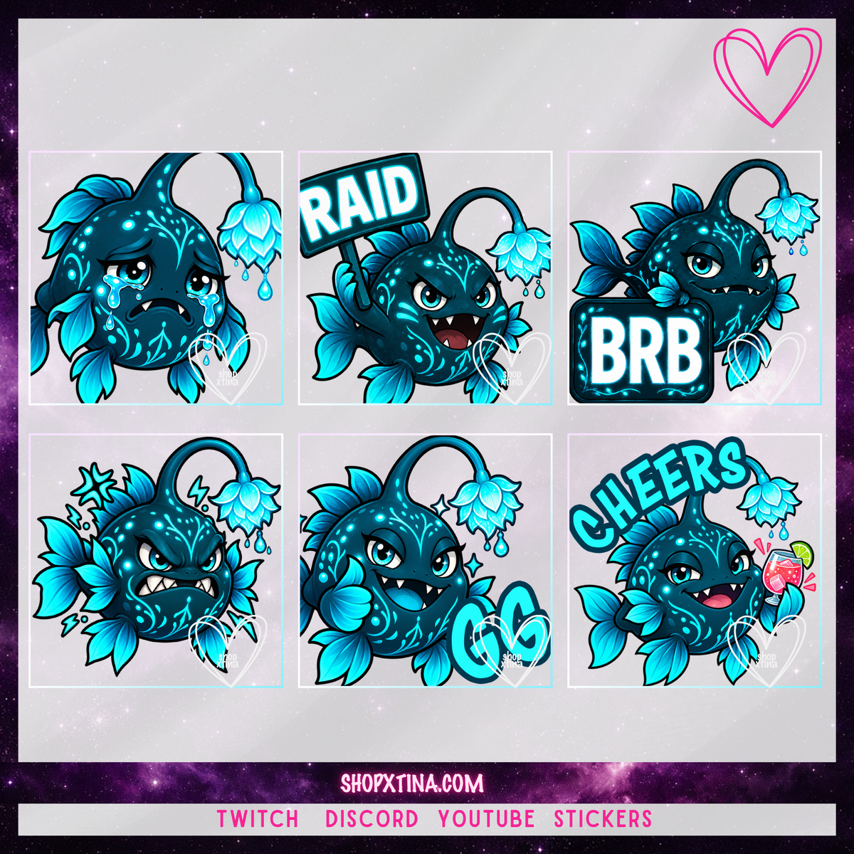 Abyssal Bloom Anglerfish Emotes  | Discord, Twitch, Youtube, OBS, Streamlabs | Hype, Love, Lurk, Raid, Cheers & More | Great For Streamers