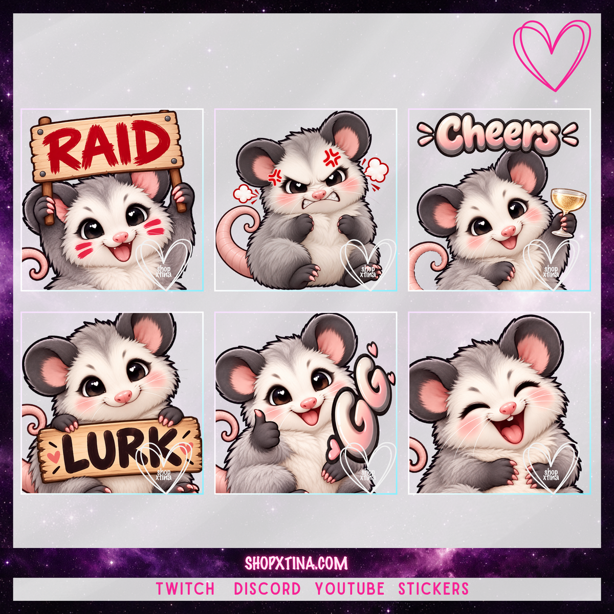 Cute Opossum Emotes | Discord, Twitch, Youtube, OBS, Streamlabs | Hype, Love, Lurk, Raid, Cheers & More | Great For Streamers