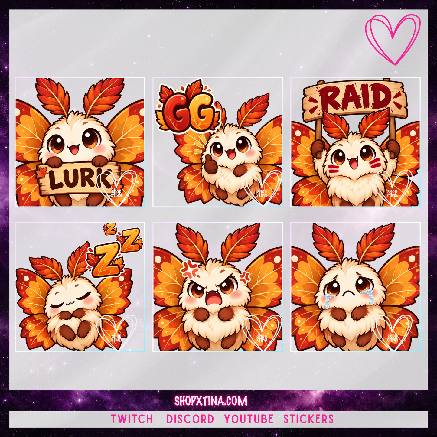 Cute Fall Leafy Moth Emotes | Discord, Twitch, Youtube, OBS, Streamlabs | Hype, Love, Lurk, Raid, Cheers & More | Great For Streamers