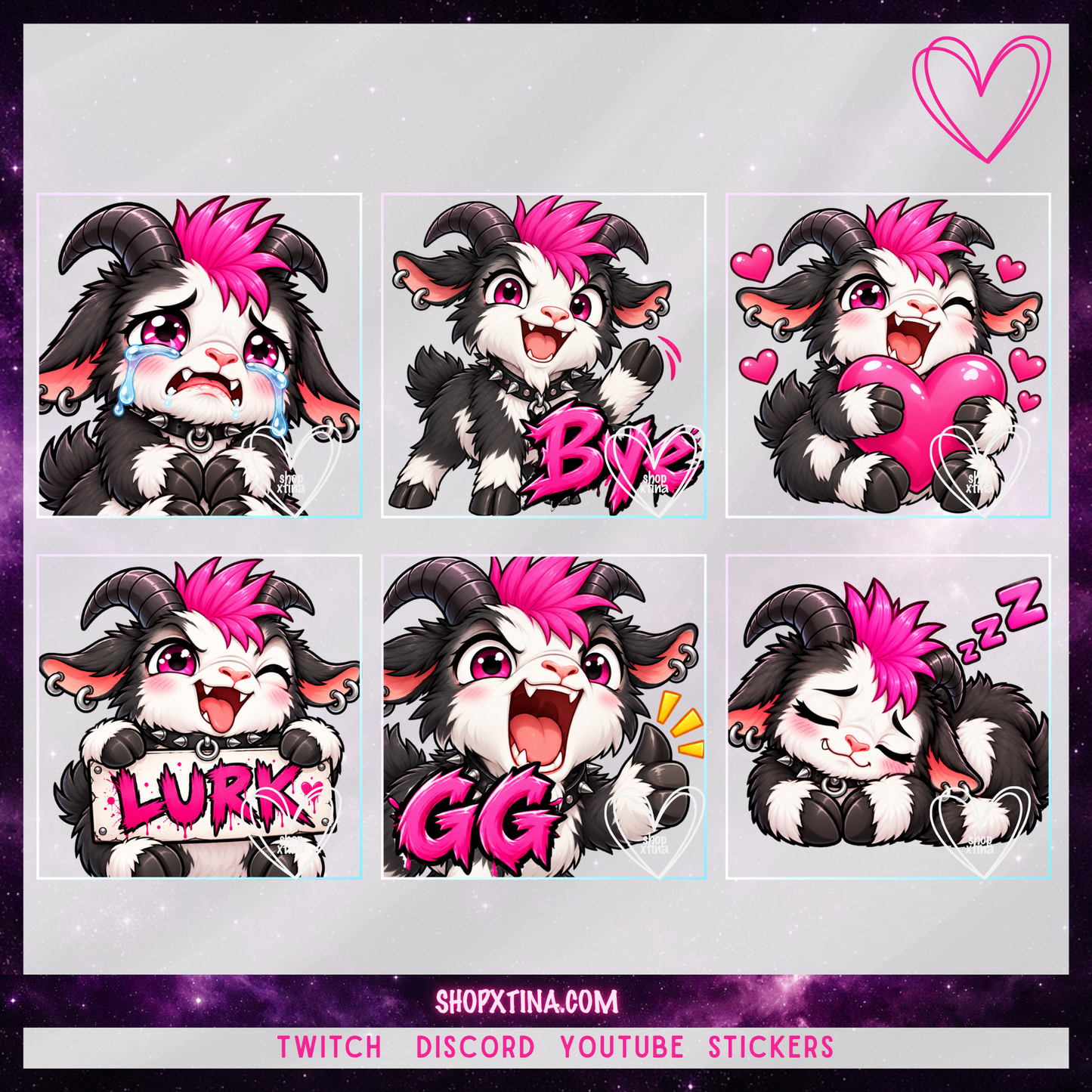 Punk Rock Screaming Goat Emotes | Discord, Twitch, Youtube, OBS, Streamlabs | Hype, Love, Lurk, Raid, Cheers & More | Great For Streamers