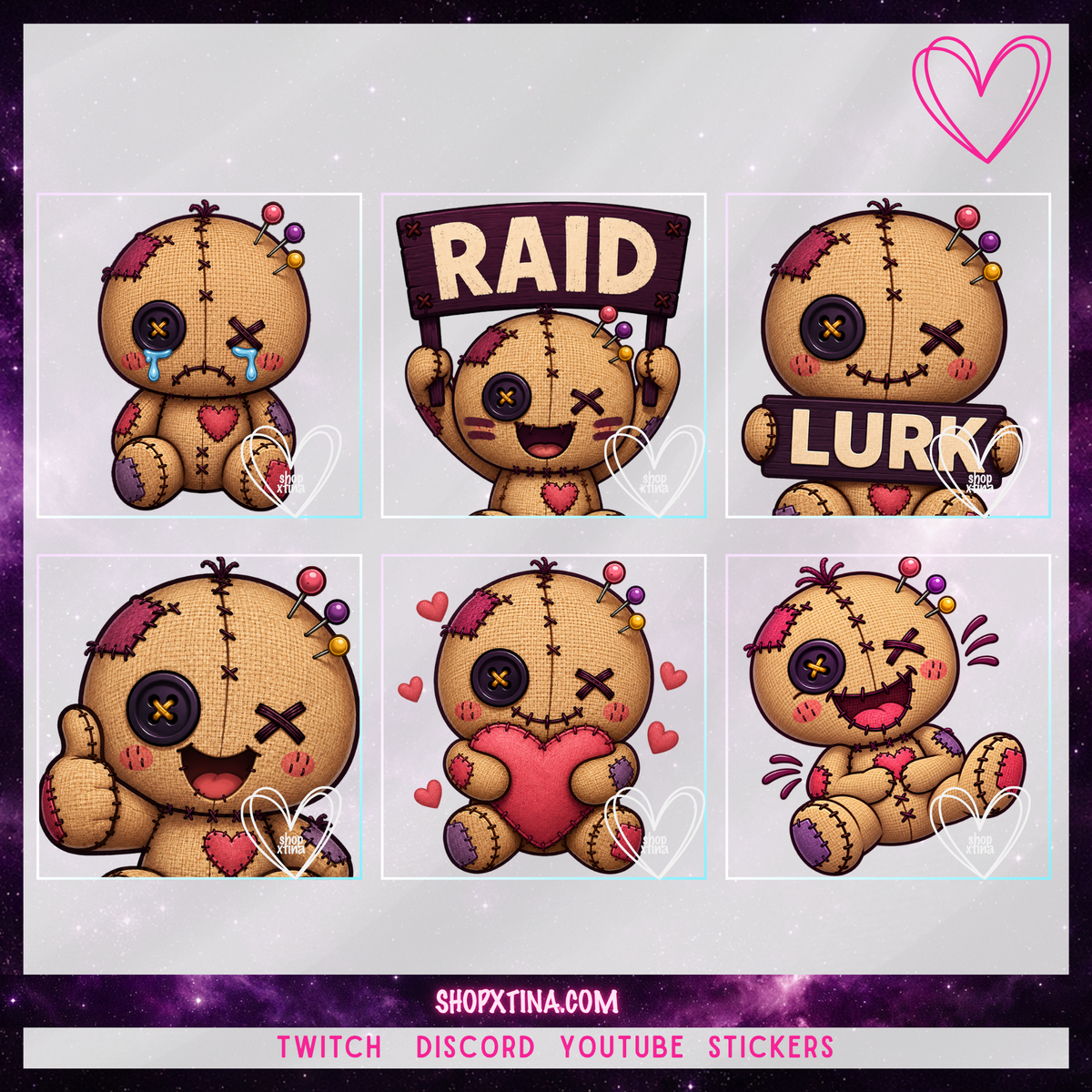 Sweet and Spooky Voodoo Doll Emote Pack  | Discord, Twitch, Youtube, OBS, Streamlabs | Hype, Love, Lurk, Raid, Cheers & More | Great For Streamers