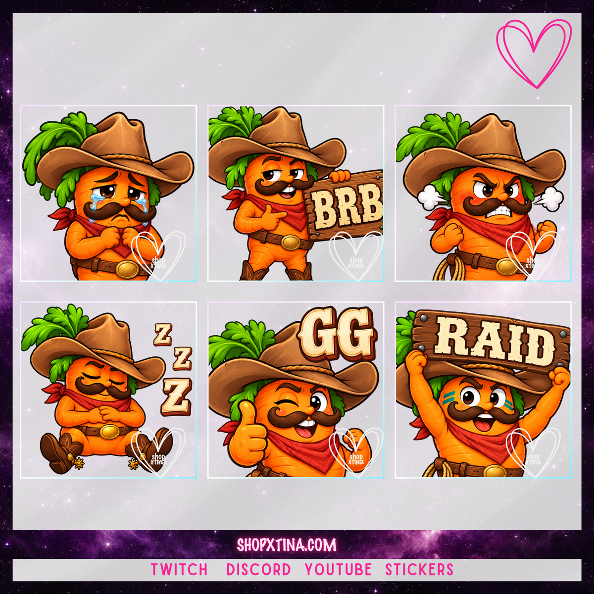 Rootin’ Tootin’ Cowboy Carrot Emotes | Discord, Twitch, Youtube, OBS, Streamlabs | Hype, Love, Lurk, Raid, Cheers & More | Great For Streamers
