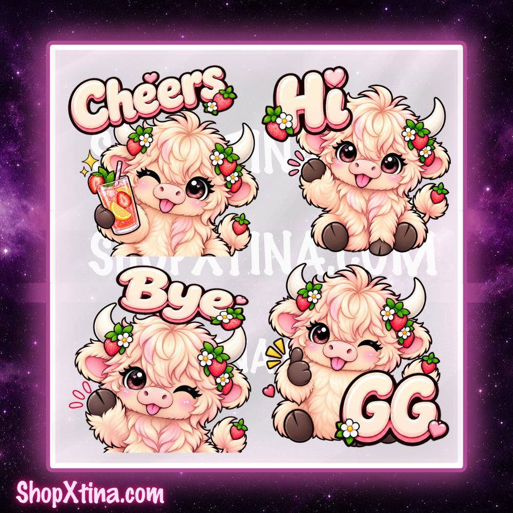 Strawberry Highland Cow Emotes | Discord, Twitch, Youtube, OBS, Streamlabs | Hype, Love, Lurk, Raid, Cheers & More | Great For Streamers