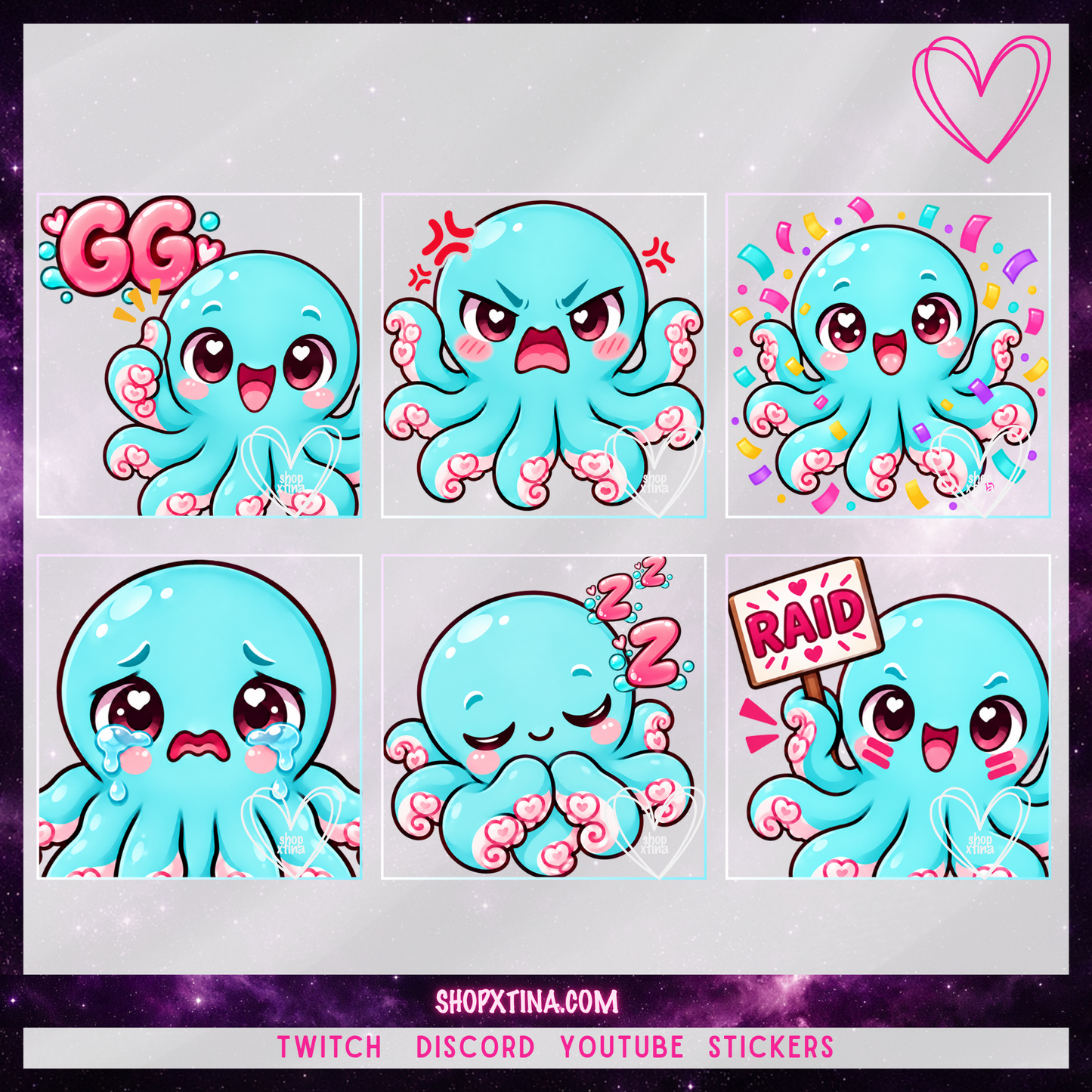 Seafoam Octopus Emotes | Discord, Twitch, Youtube, OBS, Streamlabs | Hype, Love, Lurk, Raid, Cheers & More | Great For Streamers