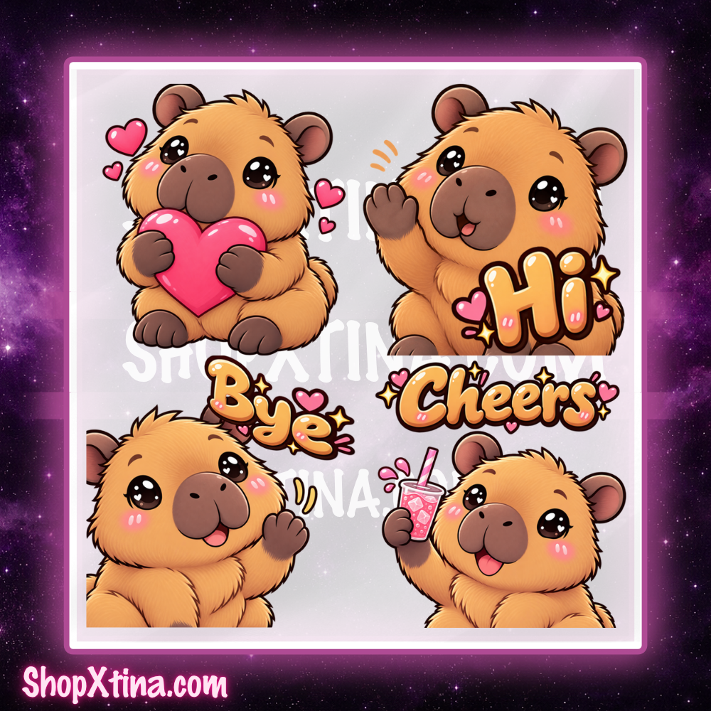 Cutie Capybara Emote Pack | Discord, Twitch, Youtube, OBS, Streamlabs | Hype, Love, Lurk, Raid, Cheers & More | Great For Streamers (Copy)