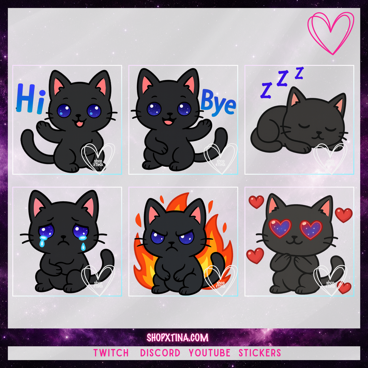 13 Black Cat (Galaxy Eyes) Emotes | Discord, Twitch, Youtube, OBS, Streamlabs | Hype, Love, Lurk, Raid, Cheers & More | Great For Streamers
