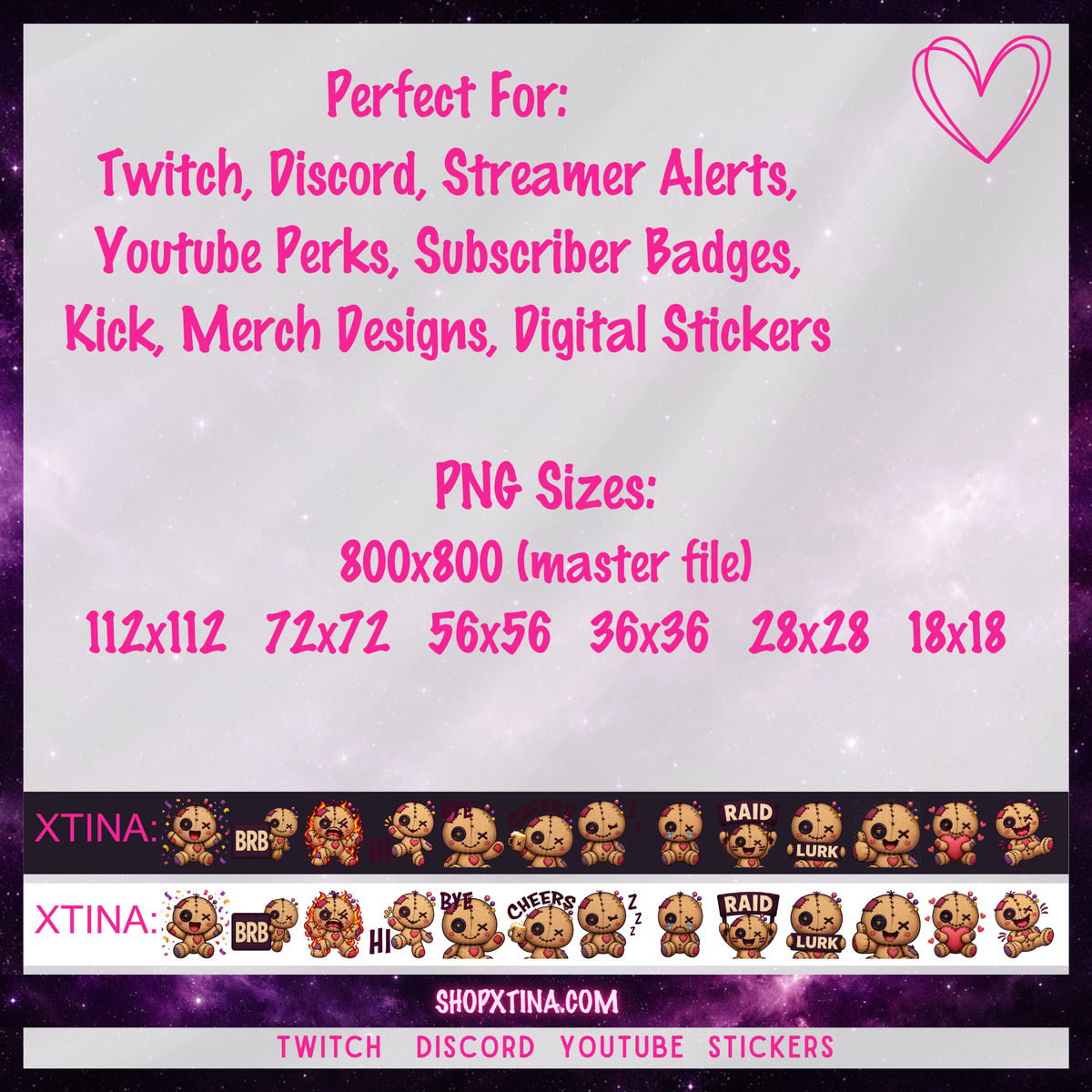 Sweet and Spooky Voodoo Doll Emote Pack  | Discord, Twitch, Youtube, OBS, Streamlabs | Hype, Love, Lurk, Raid, Cheers & More | Great For Streamers