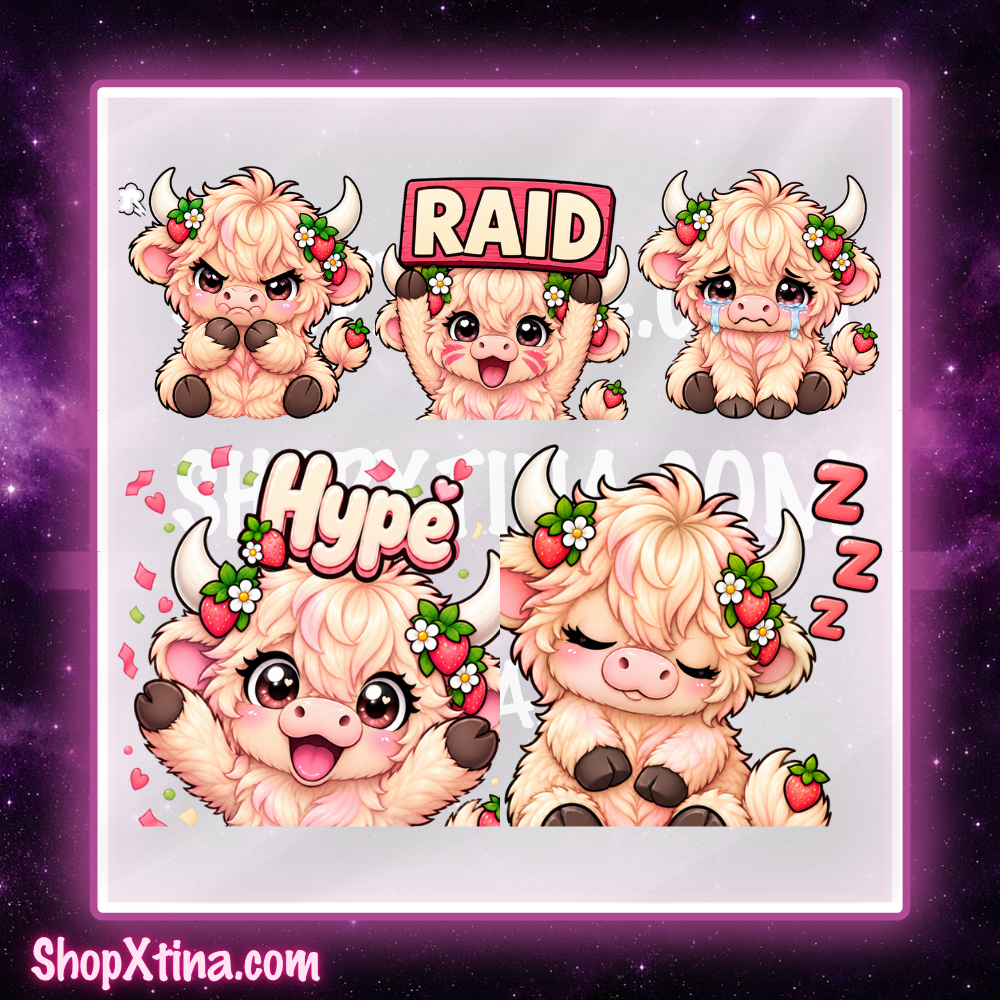 Strawberry Highland Cow Emotes | Discord, Twitch, Youtube, OBS, Streamlabs | Hype, Love, Lurk, Raid, Cheers & More | Great For Streamers