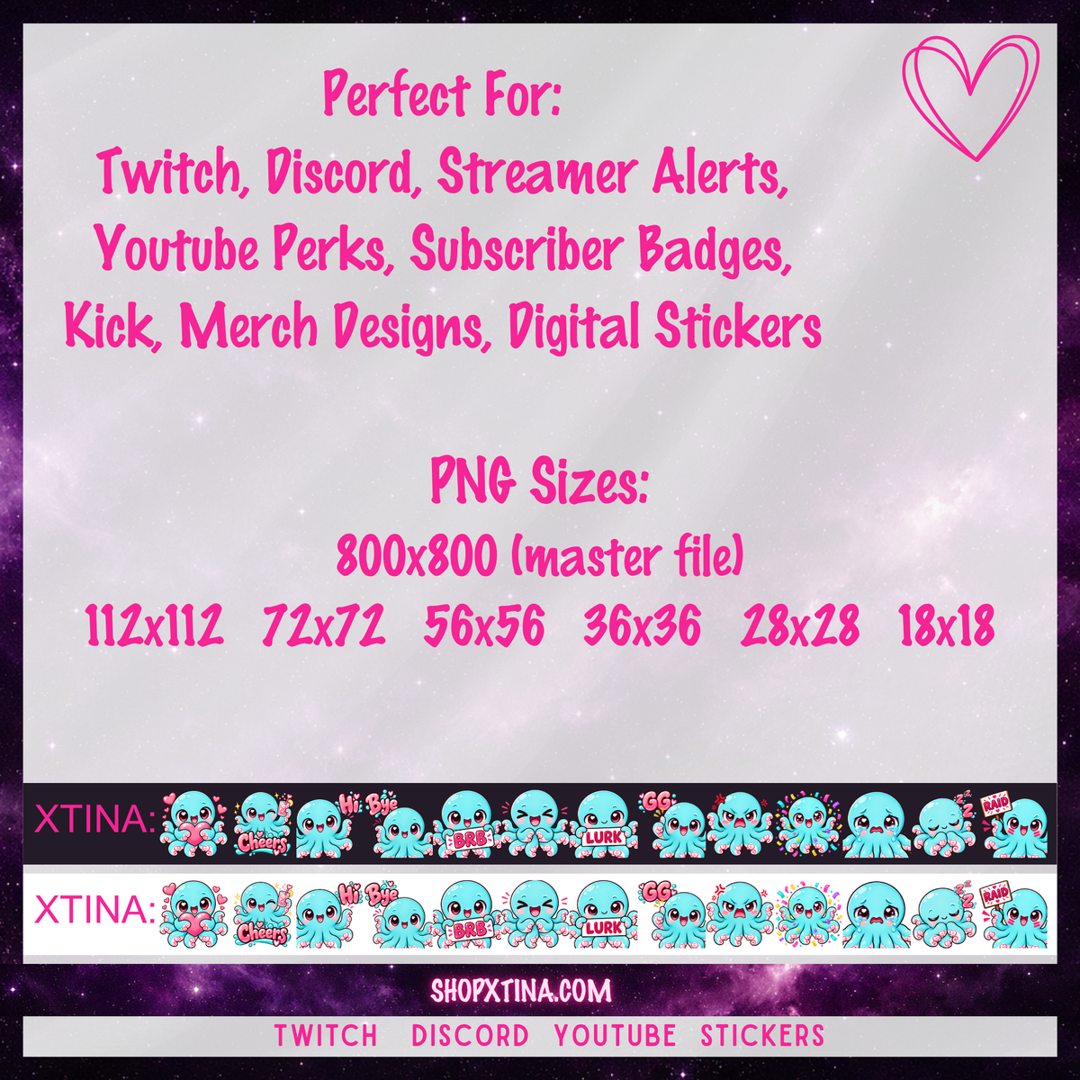 Seafoam Octopus Emotes | Discord, Twitch, Youtube, OBS, Streamlabs | Hype, Love, Lurk, Raid, Cheers & More | Great For Streamers
