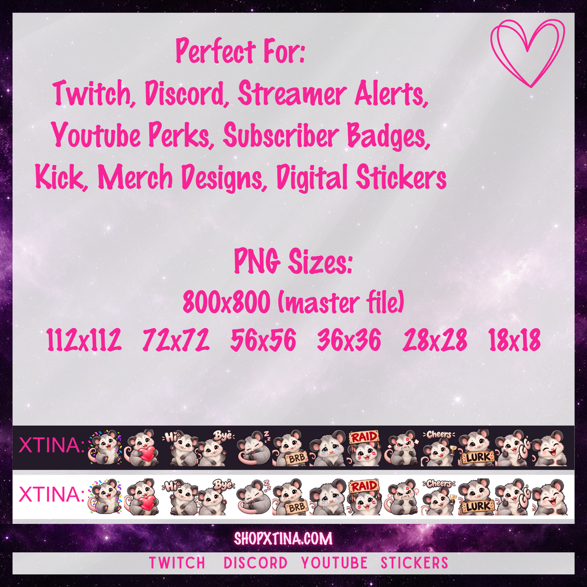Cute Opossum Emotes | Discord, Twitch, Youtube, OBS, Streamlabs | Hype, Love, Lurk, Raid, Cheers & More | Great For Streamers
