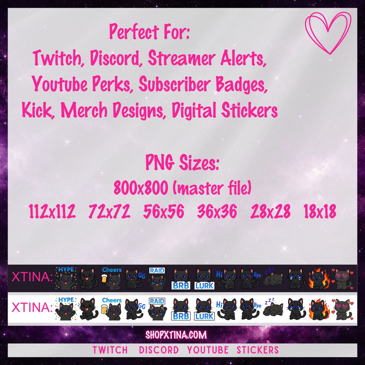 13 Black Cat (Galaxy Eyes) Emotes | Discord, Twitch, Youtube, OBS, Streamlabs | Hype, Love, Lurk, Raid, Cheers & More | Great For Streamers