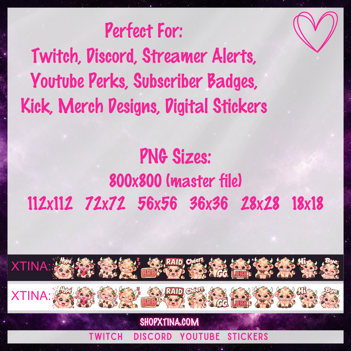 Strawberry Highland Cow Emotes | Discord, Twitch, Youtube, OBS, Streamlabs | Hype, Love, Lurk, Raid, Cheers & More | Great For Streamers