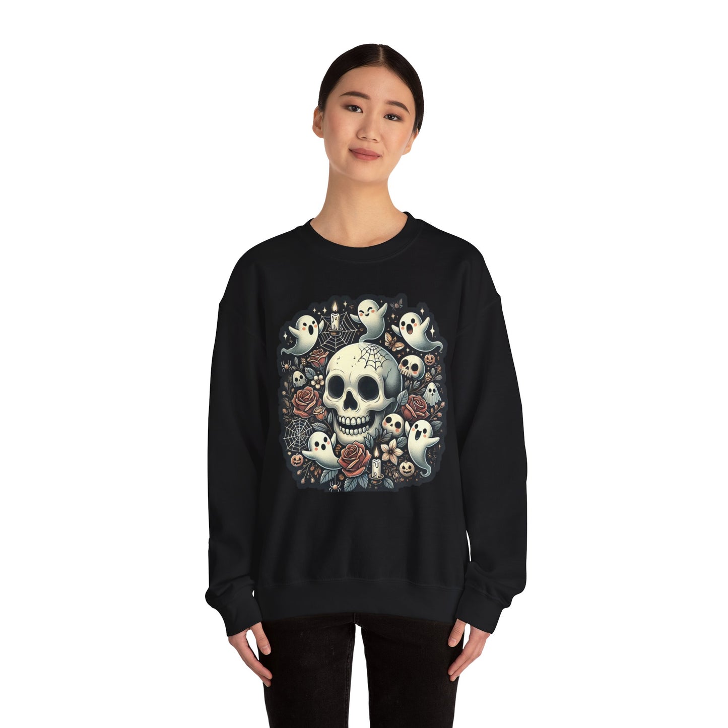 Spooky Skull Crewneck Sweatshirt, Halloween Sweatshirt, Ghost Print Sweater, Unisex Casual Wear, Gift for Halloween Lovers