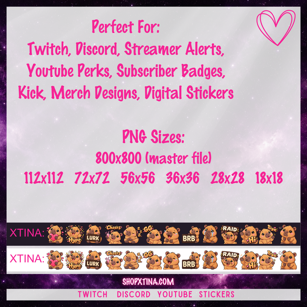 Cutie Capybara Emote Pack | Discord, Twitch, Youtube, OBS, Streamlabs | Hype, Love, Lurk, Raid, Cheers & More | Great For Streamers