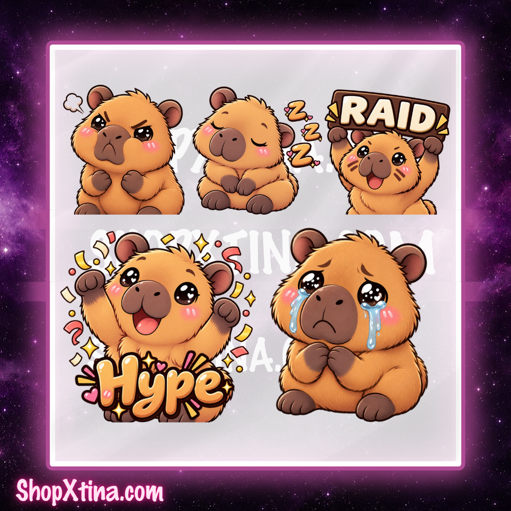 Cutie Capybara Emote Pack | Discord, Twitch, Youtube, OBS, Streamlabs | Hype, Love, Lurk, Raid, Cheers & More | Great For Streamers (Copy)