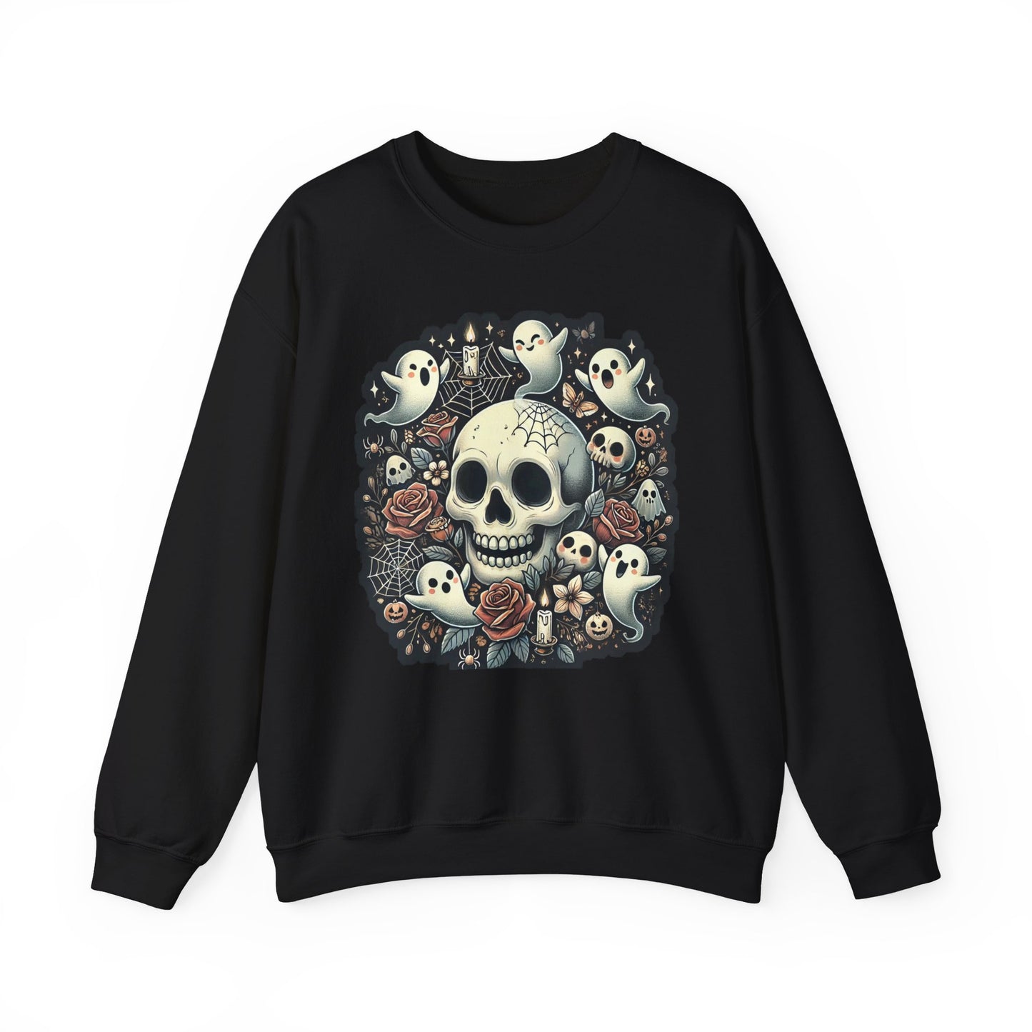 Spooky Skull Crewneck Sweatshirt, Halloween Sweatshirt, Ghost Print Sweater, Unisex Casual Wear, Gift for Halloween Lovers