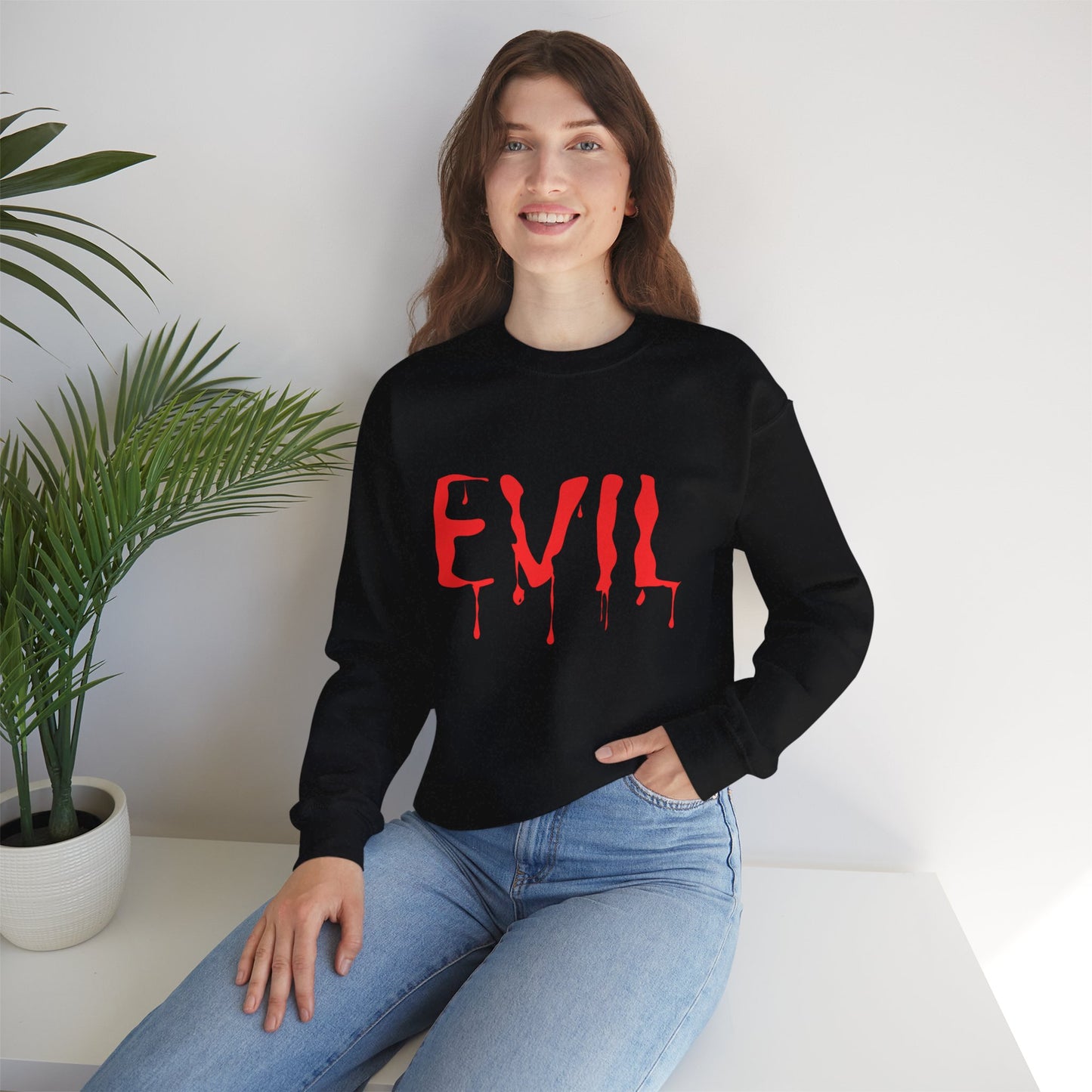 Evil Crewneck Sweatshirt Spooky Halloween Apparel for Edgy Fall Fashion