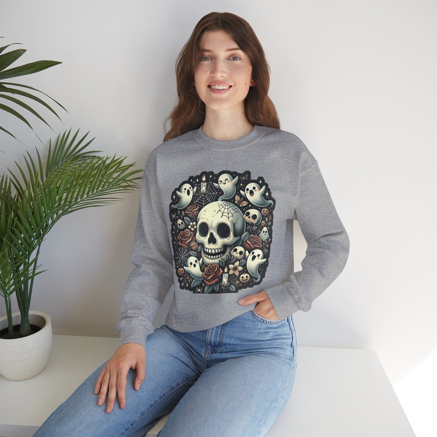 Spooky Skull Crewneck Sweatshirt, Halloween Sweatshirt, Ghost Print Sweater, Unisex Casual Wear, Gift for Halloween Lovers